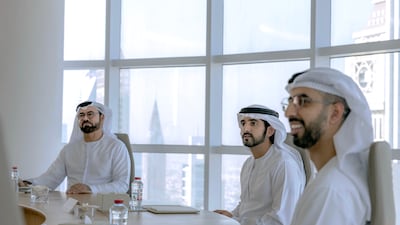 Sheikh Hamdan bin Mohammed (C) chaired the first meeting of the Higher Committee of Future Technology Development and Digital Economy. Wam