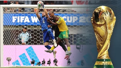 TOPSHOT - Canada's goalkeeper #16 Maxime Crepeau makes a save past Canada's defender #13 Derek Cornelius and South Africa's defender #14 Mbekezeli Mbokazi during the 2026 World Cup round of 32 football match between South Africa and Canada at the Los Angeles Stadium in Inglewood on June 28, 2026. (Photo by ETIENNE LAURENT / AFP)