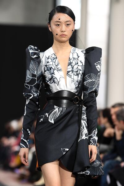 Elie Saab began his show with a line-up of black-and-white looks. Getty Images