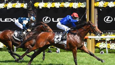 Kerrin McEvoy riding Cross Counter defeats Hugh Bowman riding Marmelo in Race 7 to win the Melbourne Cup at Flemington Racecourse. Getty Images