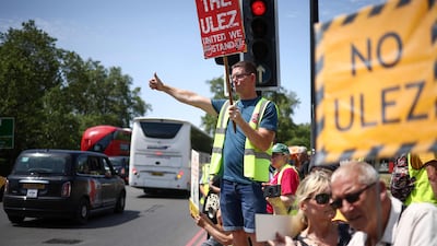 People demonstrate against the expansion of Ulez in London. AFP
