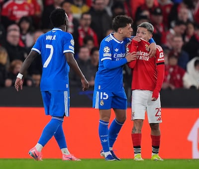 Benfica's Gianluca Prestianni, right, during an exchange with Vinicius Jr. The Real Madrid forward has accused the Benfica player of racially abusing him during the match. Getty Images
