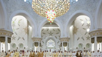 Sheikh Mohammed bin Zayed, Crown Prince of Abu Dhabi and Deputy Supreme Commander of the Armed Forces, attends Eid Al Adha prayers at the Sheikh Zayed Grand Mosque. He is seen with Sheikh Mansour bin Zayed, Deputy Prime Minister and Minister of Presidential Affairs, Sheikh Saif bin Zayed, Deputy Prime Minister and Minister of Interior, Sheikh Abdullah bin Zayed, Minister of Foreign Affairs and International Cooperation, Sheikh Tahnoon bin Zayed, National Security Adviser, Sheikh Nahyan bin Mubarak, Minister of Culture and Knowledge Development, Sheikh Hamed bin Zayed, Chairman of the Crown Prince Court of Abu Dhabi, Sheikh Nahyan bin Zayed, Chairman of the Board of Trustees of Zayed bin Sultan Al Nahyan Charitable and Humanitarian Foundation, Sheikh Issa bin Zayed, Sheikh Saeed bin Zayed, Abu Dhabi Ruler’s Representative, Sheikh Hazza bin Zayed, Vice Chairman of the Abu Dhabi Executive Council, Sheikh Saif bin Mohammed, Sheikh Suroor bin Mohammed, Sheikh Mohammed bin Butti Al Hamed, and other dignitaries. Ryan Carter / Crown Prince Court – Abu Dhabi