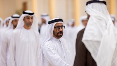 President Sheikh Mohamed receives condolences from Khalifa Al Marar, Minister of State, on the passing of Sheikh Tahnoon bin Mohammed, Ruler's Representative in Al Ain Region, at Al Mushrif Palace. Ryan Carter / UAE Presidential Court