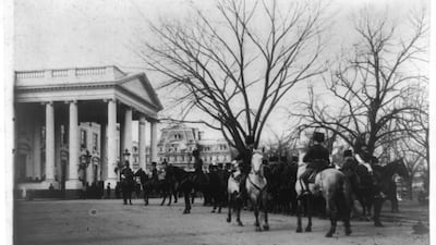 The president's mounted cavalry waits outside the White House, in a photograph taken between 1889 and 1906. Heritage Images / Getty Images