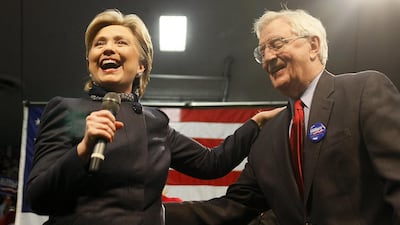 Mondale joins Hillary Clinton on stage during an event at Augsburg College in Minneapolis, Minnesota. AFP