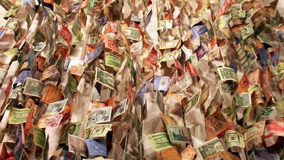 Money Cascade, an artwork by Jeff Scofield. Most of us enjoy and endure a challenging relationship with money. Courtesy of NYU Abu Dhabi