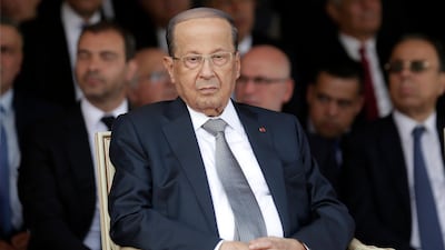 Lebanese President Michel Aoun attends a graduation ceremony marking the 74th Army Day, at a military barracks in Beirut's suburb of Fayadiyeh, Lebanon. AP