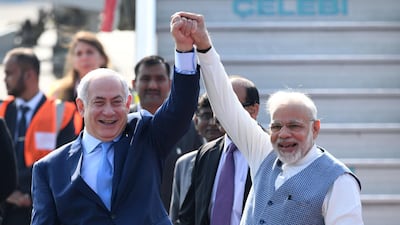 Indian Prime Minister Narendra Modi and Israeli Prime Minister Benjamin Netanyahu in New Delhi in January 2018. Prakash Singh / AFP
