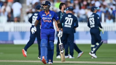India batsman Suryakumar Yadav walks off after being bowled by Reece Topley of England during the second ODI at Lord's on Thirsday, July, 2022. Getty