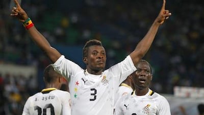 Ghana's Gyan Asamoah celebrates his goal during their African Cup of Nations Group D soccer match against Mali in FranceVille Stadium.