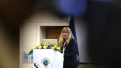 Professor Monica Whitty of Leicester University speaks at the 5th International Cyber Crime Conference in Adnec, Abu Dhabi. Fatima Al Marzooqi/ The National