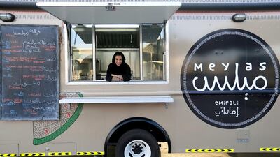 Emirati Shaikha Al Kaabi with her Meylas Food Truck which serves Emirati cuisine. Ravindranath K / The National