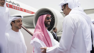 Sheikh Tahnoun bin Zayed, National Security Adviser, is received by Sheikh Tamim bin Hamad Al Thani. With them is Sheikh Mansour bin Zayed. Rashed Al Mansoori / Crown Prince Court - Abu Dhabi
