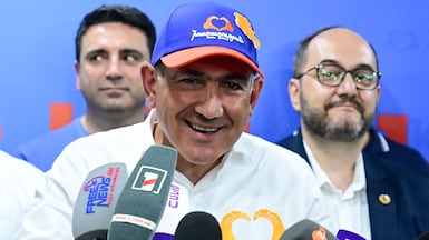 Armenian Prime Minister Nikol Pashinyan celebrates victory in Yerevan. AFP