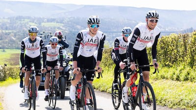 Tadej Pogacar, centre, and his UAE Team Emirates teammates during a training and track reconnaissance session ahead of the Liege-Bastogne-Liege. AFP