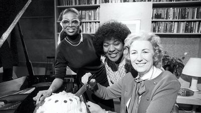 'Forces' Sweetheart' Dame Vera Lynn celebrates her 67th birthday on 'Good Morning Britain' with the show's resident cook, Rustie Lee (centre) and guest, singer Patti Boulaye, in London.