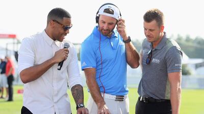 From left: DJ Reggie Yates, Dustin Johnson and Henrik Stenson. The players competing at the Abu Dhabi HSBC Championship will approach the first tee at the National Course accompanied by music. Courtesy Four Communications
