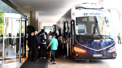 Lyon's players arrive at the team hotel in Cascais ahead of the match against Manchester City. AFP