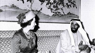Sheikh Zayed meets Queen Elizabeth II during a state visit 40 years ago. Courtesy: Al Ittihad