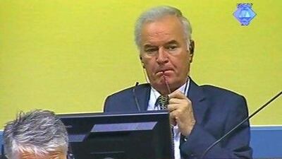 Former Bosnian Serb military chief Ratko Mladic in the court room in The Hague. Mladic faces 11 charges of genocide, war crimes and crimes against humanity. He denies wrongdoing.