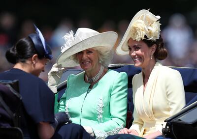 Camilla, Duchess of Cornwall, Catherine, Duchess of Cambridge and Meghan, Duchess of Sussex take part in the Trooping the Colour parade in central London, Britain June 8, 2019. Reuters