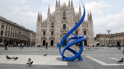 eL Seed's sculpture 'Template of Love' (2020), which reads 'hob' – or 'love' – in Arabic, in front of the Duomo in May 2021. Photo: Kina Wauters