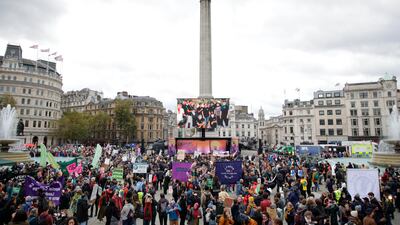 Climate activists gather in Trafalgar Square, London, on November 6. Protests are being held in many cities around the world as the first week of Cop26 comes to an end. Photo: AP
