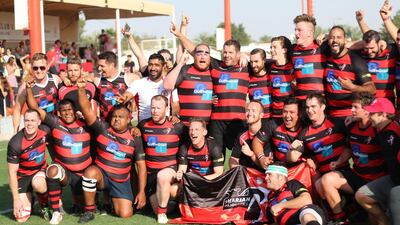 Sharjah Wanderers celebrate victory against the Jebel Ali Dragons II in the finals of the UAE Conference at the Sharjah Wanderers Sports Club on 25 March, 2016. Navin Khianey for The National