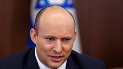 Naftali Bennett chairs a Cabinet meeting, his last as Israeli Prime Minister, at his office in Jerusalem on Sunday. AP