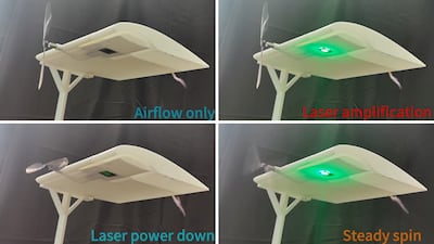 A prototype laser-powered receiver integrated beneath the wing of a stationary drone model. Photo: Y. Han and X. Han