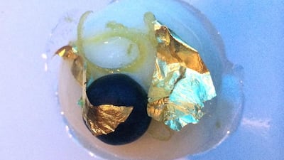 Gold leaf sorbet at Al Mahara restaurant in Burj al Arab. Photo by Rebecca McLaughlin-Duane