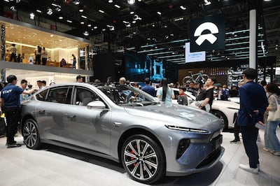 A Nio ET7 at the Beijing Auto Show. The car maker is aiming for a resolution with the EU after the bloc announced tariffs on Chinese-made electric vehicles. AFP