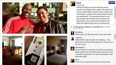 A photo from Jay R Garcia’s instagram account of himself and Furious 7 star Tyrese Gibson. The photo also shows the hotel that Tyrese put his saviour up in for the night and the $1000 thank you he left for him.