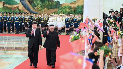 Kim Jong-un declared North Korea's unstinting "friendship, unity and cooperation" with Beijing during his visit. Shen Hong / Xinhua via AP