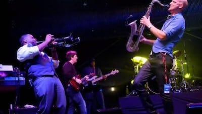 Gary Honor, a saxophonist from Australia, right, plays with trumpeter Lin Roundtree of the United States at the Dubai Jazz Festival. The 11th annual event runs until February 22 at Festival City. Headliners include Deep Purple, 3 Doors Down and The Script. Antonie Robertson / The National