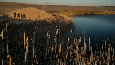 People stand by a lake in the Egyptian desert oasis of Siwa. Egypt is seeking to promote economic empowerment of women by increasing the female workforce in the tourism sector. AFP