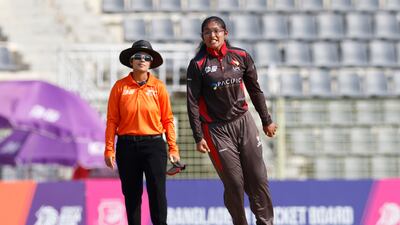 UAE bowler Vaishnave Mahesh celebrates after claiming the wicket of Ayesha Naseem of Pakistan for one.