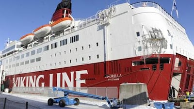 The Amorella ferry sits in port in Stockholm on Friday, March 5, 2010 after being in a collision with another ferry while it was stuck in ice in the Baltic sea.