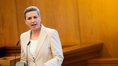 Danish Prime Minister Mette Frederiksen calls for an election, in Parliament Hall at Christiansborg Palace, Copenhagen. AFP