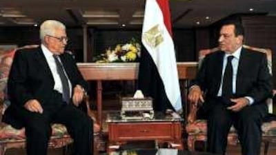 The Egyptian president Hosni Mubarak, right, and the Palestinian president Mahmoud Abbas, met in private yesterday.