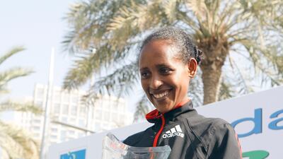 Dubai, United Arab Emirates, Jan 25 2013, 2013 Standard Chartered Dubai Marathon,- Tsegaye Beyene on the presentation stage after her victory in the 2013 Standard Chartered Dubai Marathon i Jan 25, 2013. Mike Young / The National
