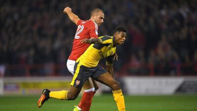 Jeff Reine-Adelaide of Arsenal takes on Pajtim Kasami of Nottingham Forest during the League Cup third round match. Laurence Griffiths / Getty Images