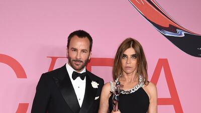 Tom Ford and honoree Carine Roitfeld arrives for the 2019 CFDA fashion awards at the Brooklyn Museum in New York City on June 3, 2019. Roitfeld won the Founder's award in honor of Eleanor Lambert. AP