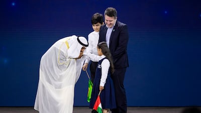 President Sheikh Mohamed presents the 2026 Zayed Sustainability Prize for Health to representatives from Jade, during the opening ceremony of Abu Dhabi Sustainability Week at Abu Dhabi National Exhibition Centre on January 13. All photos: UAE Presidential Court