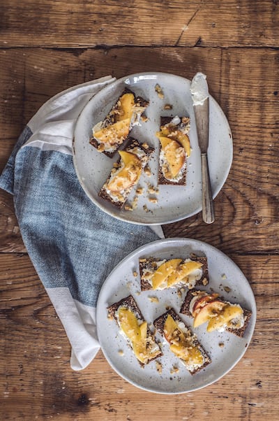 Goats' cheese, nectarine and walnut tartines. Courtesy Scott Price