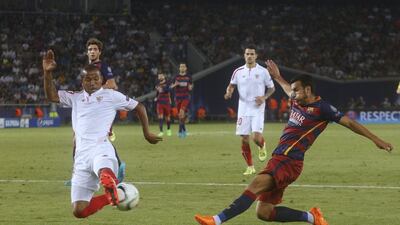 Pedro, right, was the match winner for Barcelona in the Uefa Super Cup, but it could have been his final game for the club. Georgy Abdaladze / AP Photo