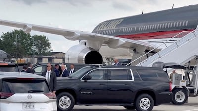 Donald Trump arrives at Milwaukee airport a day after he survived an assassination attempt. Trump Campaign / Reuters