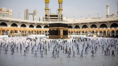 Muslim pilgrims praying on the third day of Hajj 2020 in Mina, in Makkah, Saudi Arabia. A limited number of pilgrims of citizens and residents of Saudi Arabia began the Hajj rituals on 29 July amid strict preventative health measures. EPA