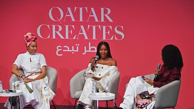 Fashion designer Stella Jean, aka Stella Novarino, Naomi Campbell and writer Afua Hirsch at an Emerge Business Talks panel discussion at The National Museum of Qatar. Getty Images